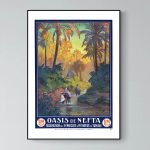 Affiche vintage représentant une scène d'Asie Iran avec des palmiers et des voyageurs.