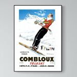 Panneau vintage de ski à Combloux, Alpes françaises, avec skieur en action.