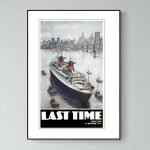 Affiche vintage de bateau de combat en mer avec skyline de New York en arrière-plan.