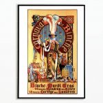 Affiche vintage Ostende Belgique, illustration artistique d'une figure carnavalesque avec chapeau et.