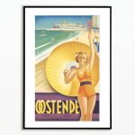 Affiche vintage Ostende plage en style rétro avec femme en maillot, parasol et vue sur la mer.