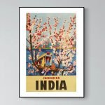 Affiche vintage Iran représentant des cerisiers en fleurs et un bateau traditionnel, idéale pour déc.