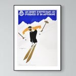 Affiche vintage représentant un skieur dans les Pyrénées et l'Auvergne, promotion des sports d'hiver.