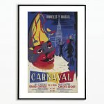 Affiche vintage Carnaval Bruxelles avec un dragon coloré et la Grand-Place en arrière-plan. Parfait.