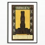 Affiche vintage Bruges Belfry, illustration artistique de l'emblématique tour de Bruges en Belgique.