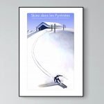 Affiche vintage de ski dans les Pyrénées, paysage enneigé avec skieur et chalet.