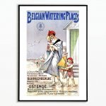 Affiche vintage Ostende Belgique, illustration rétro de famille à la plage avec enfants et voilier.
