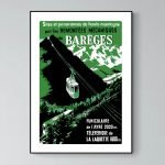 Affiche vintage de montagne représentant un téléphérique à Barèges dans les Pyrénées, avec détails s.