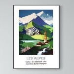 Affiche vintage représentant les Alpes avec montagnes, église et rivière, évoquant la région de Comb.