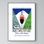 Affiche vintage de Morzine, station de ski et de montagne, idéale pour l'hiver et l'été, avec télési.