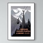 Affiche vintage du funiculaire Chamonix Planpraz face au Mont Blanc, avec montagnes enneigées en arr.