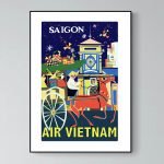 Affiche vintage Saigon avec un cheval et des éléments asiatiques.