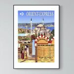 Affiche vintage de l'Orient-Express avec images de la mosquée et du train.
