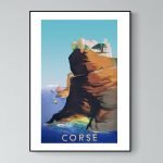 Affiche vintage de la région d'Evisa en Corse, mettant en valeur ses paysages côtiers et ses formati.