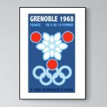 Affiche vintage des Jeux Olympiques d'hiver 1968 à Grenoble, avec symboles et dates.