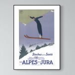 Affiche vintage d'Aix-les-Bains et Revard, illustrant le ski dans les Alpes françaises.
