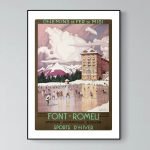 Affiche vintage représentant la station de sports d'hiver Font-Romeu dans les Pyrénées, avec montagn.