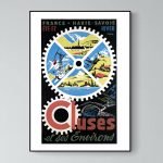 Affiche vintage représentant Aix les Bains et le Revard, avec éléments saisonniers et paysages alpin.