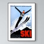 Affiche vintage de ski avec skieur en action dans les Alpes, style rétro, promotion de l'événement s.