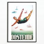 Affiche vintage Ostende avec une nageuse en maillot de bain, symbolisant la station balnéaire belge.