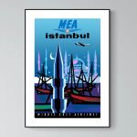 Affiche vintage d'Istanbul avec mosquées et bateau, style rétro.