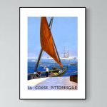 Affiche vintage Corse Evisa avec voiliers et port maritime.