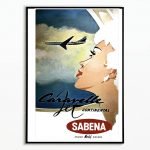 Affiche vintage de style rétro pour Ostende, Belgique, avec une femme et un avion en vol.