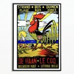 Affiche vintage de la côte belge à Ostende, représentant un coq coloré sur la plage.