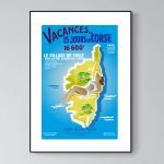 Affiche vintage promotionnelle pour Evisa en Corse, mettant en avant 15 jours de vacances et paysage.