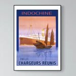 Affiche vintage représentant un navire en Indonésie, avec un style rétro et couleurs chaudes.