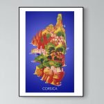 Affiche vintage de la Corse, représentant le village d'Evisa avec ses paysages colorés et ses montag.