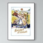 Affiche vintage représentant Evisa en Corse avec paysage coloré et style artistique.