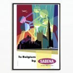 Affiche vintage Ostende Belgique, promotion de Sabena Airlines avec vue aérienne et architecture loc.