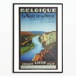Affiche vintage de la Vallée de la Meuse en Belgique, mettant en valeur Liège et Huy.