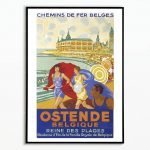 Affiche vintage Ostende Belgique, illustration rétro de la station balnéaire belge avec plage et fem.