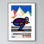 Affiche vintage Alpes Combloux avec skieur et montagnes colorées, promotion du train pour l'hiver en.
