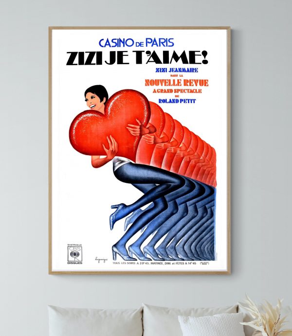 Affiche vintage de Zizi Je T'aime de Zizi Jeanmaire au Casino de Paris, avec design coloré et typogr.