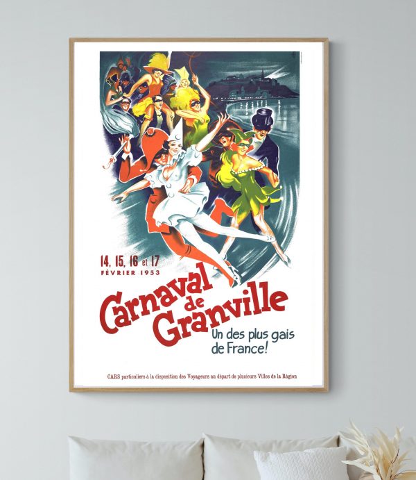Affiche vintage du Carnaval de Granville 1953, illustrant des danseurs en costumes colorés.