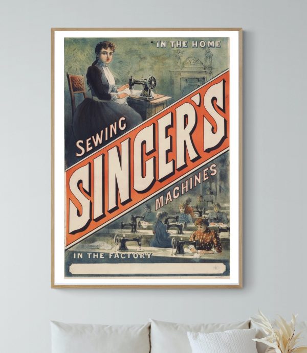 Affiche vintage de machines à coudre Singer pour décoration rétro et couture. Parfaite pour passionn.