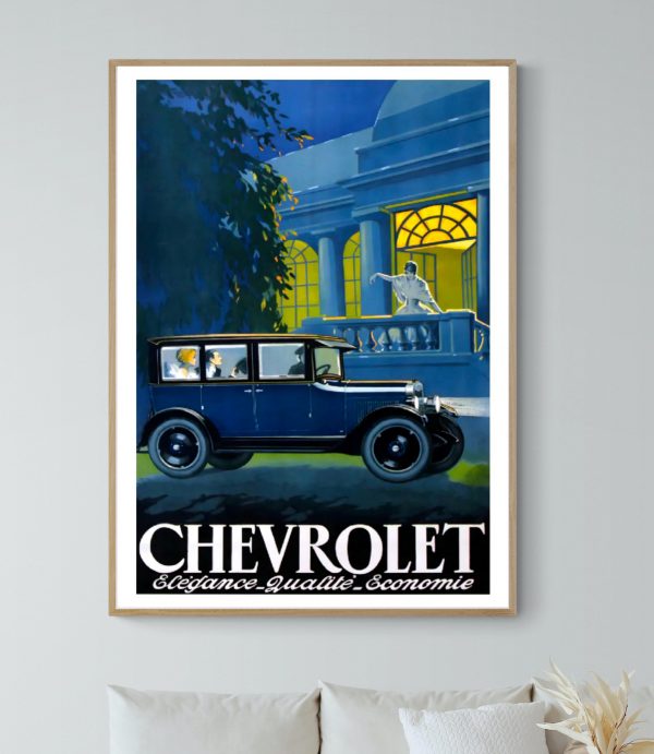 Affiche vintage Chevrolet avec ambiance café, idéale pour décoration rétro.