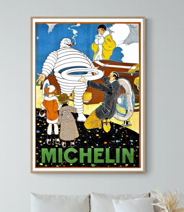 Affiche vintage Michelin avec pneu et personnages rétro.