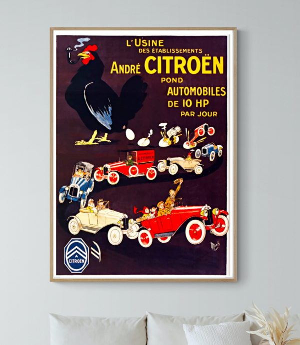 Affiche vintage Citroën avec voitures classiques et poule géante, style rétro, décoration automobile.