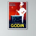 Affiche vintage Michelin Pneus, style rétro avec chef cuisinier et poêles Godin, idéale pour décorat.