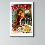 Affiche vintage Peugeot avec lion et vélo, évoquant le Café Martin, idéale pour décoration rétro.