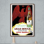 Affiche vintage Napoléon avec aigle rouge et bouteille de cognac.