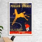 Affiche vintage publicitaire pour Poulain-Orange, mettant en scène un cheval orange et une petite fi.