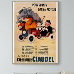 Affiche vintage Michelin Pneus avec animaux et voiture ancienne, idéale pour décoration rétro et col.