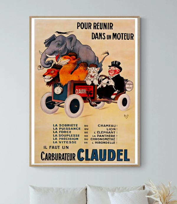 Affiche vintage Michelin Pneus avec animaux et voiture ancienne, idéale pour décoration rétro et col.
