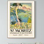 Affiche vintage de Saint Moritz avec paysage alpin et lac, style rétro.