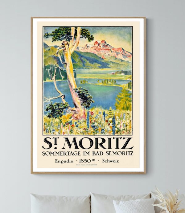 Affiche vintage de Saint Moritz avec paysage alpin et lac, style rétro.